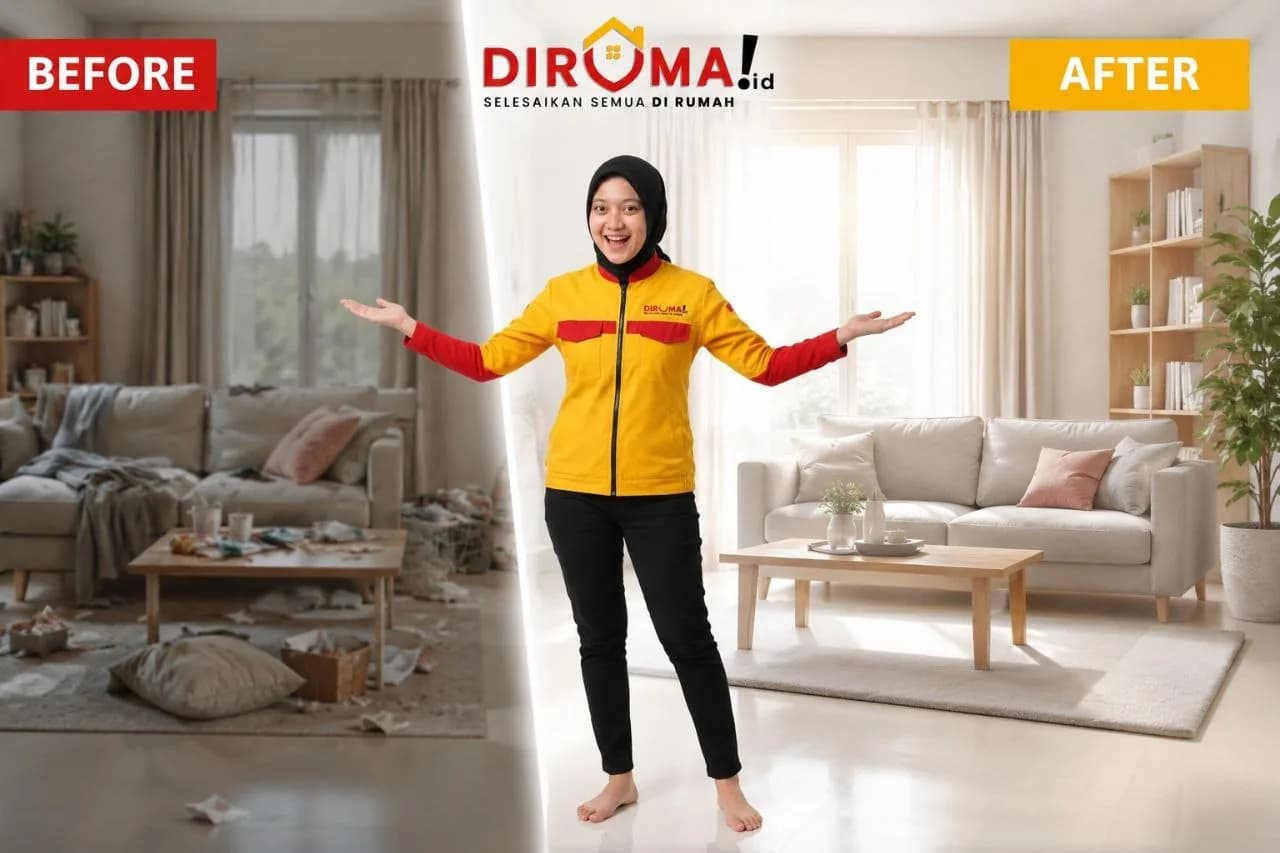 Contoh foto sebelum dan sesudah ruang tamu yang dibersihkan petugas DIRUMA